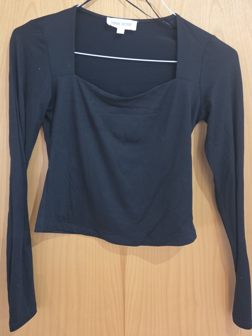 Pink Rose Black Long Sleeve Square Neck Top - Slim Fit